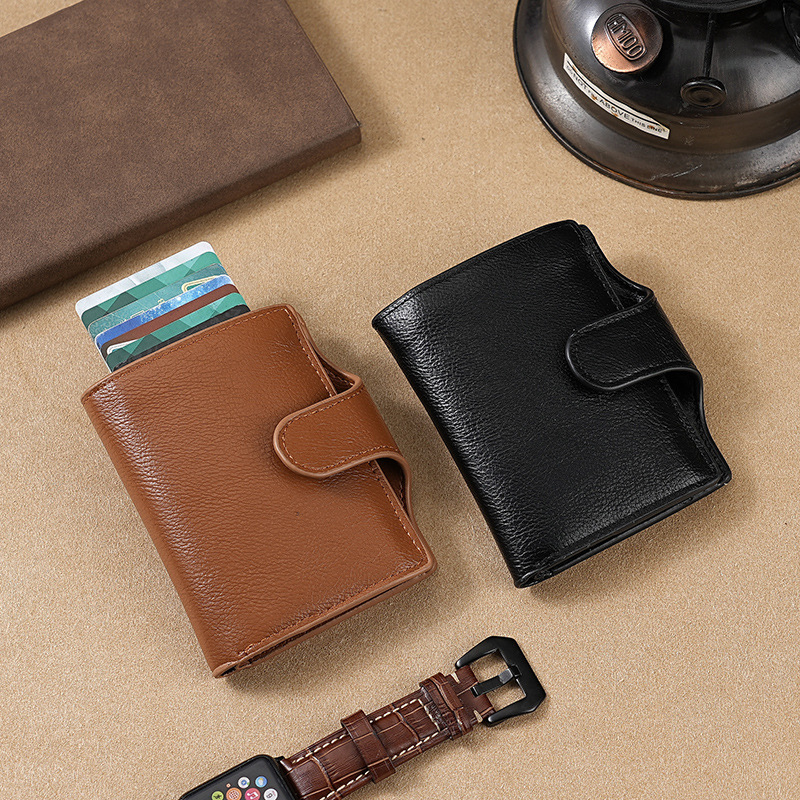 RFID anti-robo cepillo cartera multifuncional buckle mujer cartera PU doble metal cartera de hombre cartera de tarjetas cartera