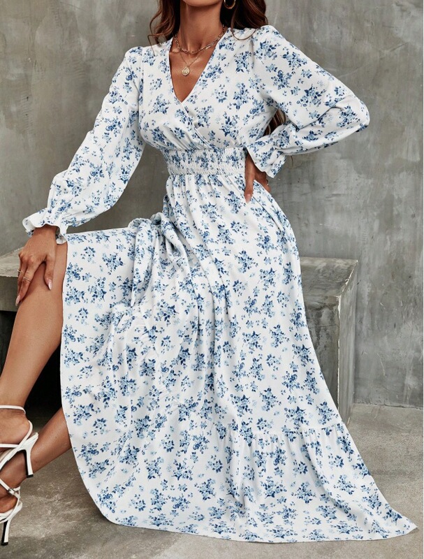 Floral Print Long Dress with Ruffled Sleeves