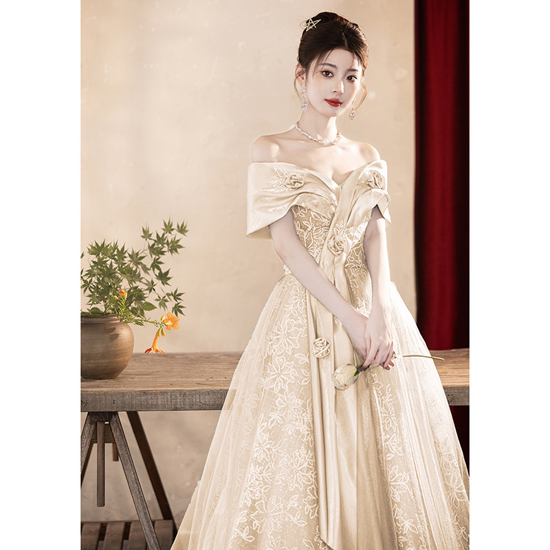 Vestido de noche para examen de canto estudiantil, estilo nuevo 2026, con hombros descubiertos, largo y elegante, para sesión de fotos de graduación