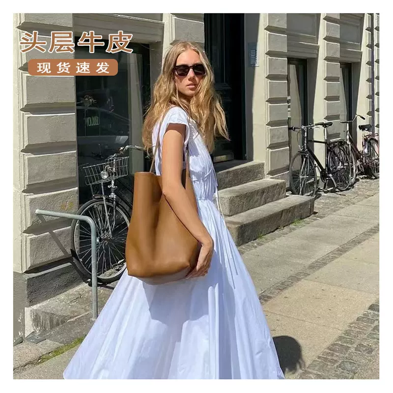 头层牛皮高级感托特包新款单肩包大容量女极简风therow真皮水桶包
