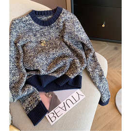 小香风粗花呢圆领套头针织衫女秋冬2024设计感时尚显瘦气质毛衣女