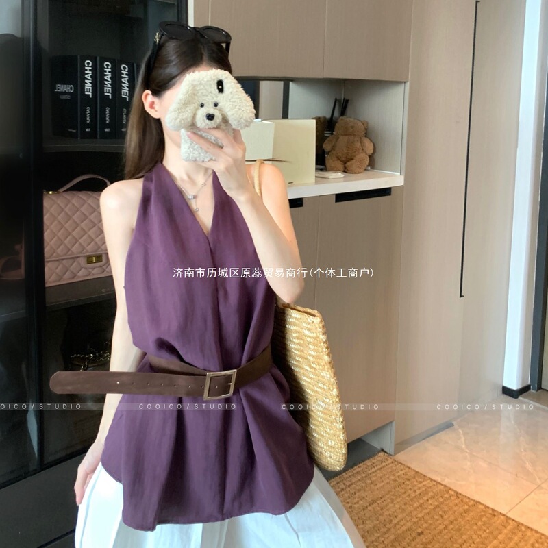 Trendy Vacation Style French V-Neck Vest, Elegant Waist-Cinching Slimming Top, Sleeveless Halter Neck with Belt Trendy Vacation Style French V-Neck Vest, Elegant Waist-Cinching Slimming Top, Sleeveless Halter Neck with Belt