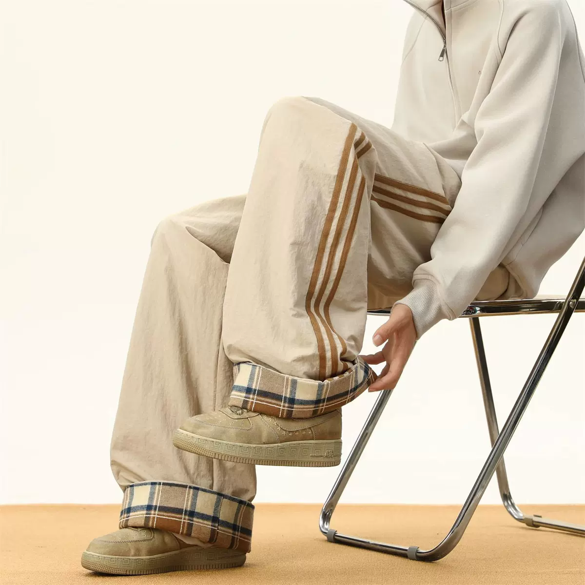 美式侧边条纹休闲裤男2025冬季新款潮牌加厚保暖棉裤直筒宽松长裤