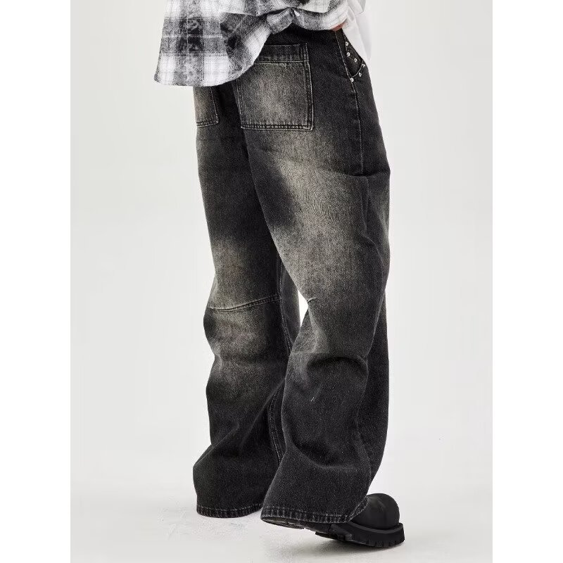 Men's Clothing retro high end rivet design washed black jeans distressed versatile loose wide leg trousers for men_ipsvogv.com