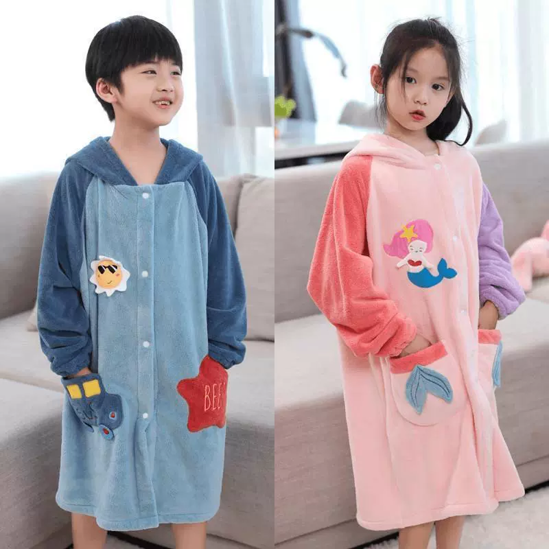 【】Детское банное полотенце, осенне-зимний утолщенный халат для мужчин и женщин, средний и большой детский впитывающий банный халат с капюшоном и рукавами из кроличьего меха