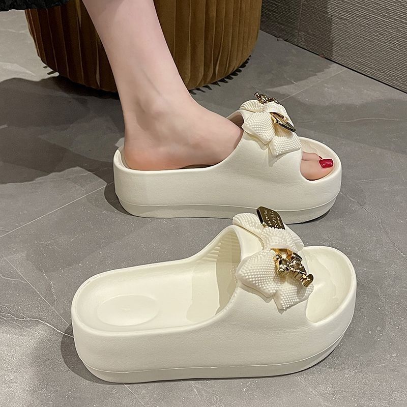 Thick-Soled High-Heeled Slippers for Women, Summer Trendy Outdoor Wear, 2025 New Model, Cute Bear Bowknot, Super Soft Slippers