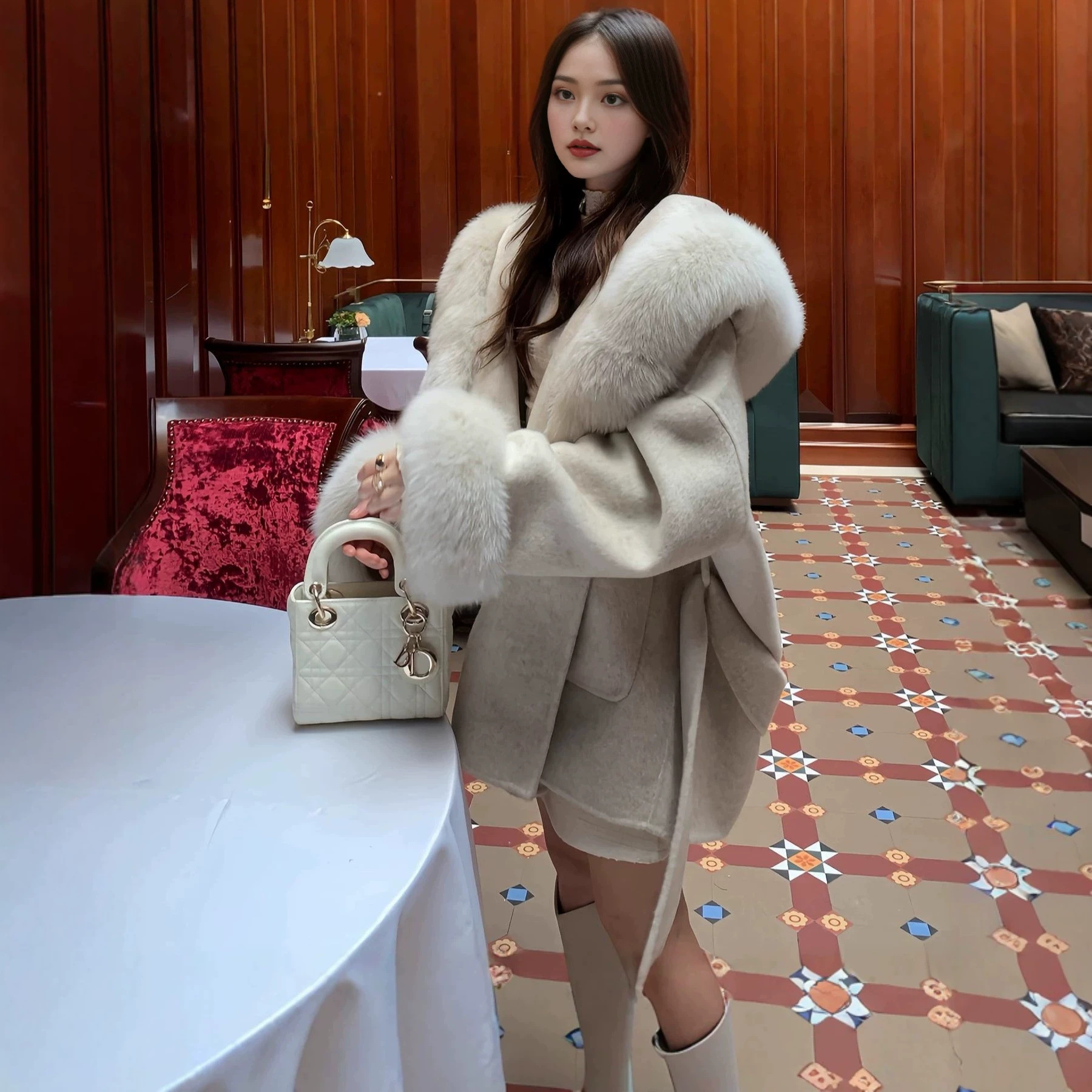 Women's double-sided cashmere coat with a large fur collar, 2026 winter new style, short hooded wool coat for petite women, elegant and stylish