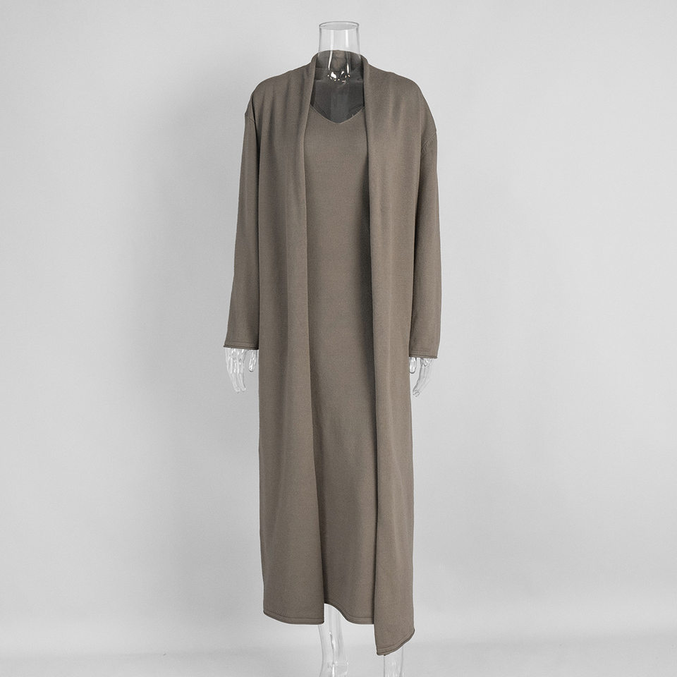 Bộ đầm dài kèm áo cardigan dệt kim dài tay nữ — Màu cà phê đậm, Màu hồng, Màu trắng, Màu xám chi tiết 16