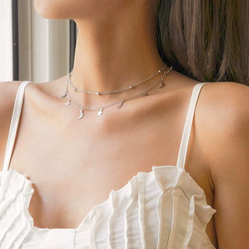 Европейская и американская трансграничная Ювелирная мода, женские универсальные аксессуары Dunhuang в национальном стиле, двухслойная медная цепочка из бусин, ожерелье с Лунной звездой