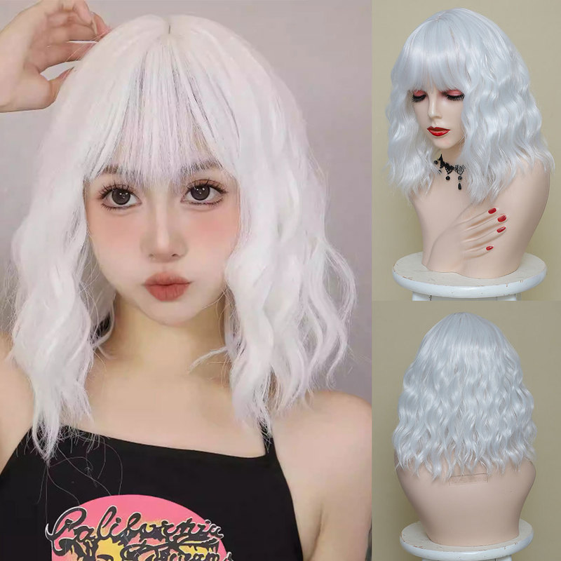 European and American Cross-Border Water Wave Wig with Bangs, Short Curly Hair, Synthetic Fiber Full Head Wig for Women