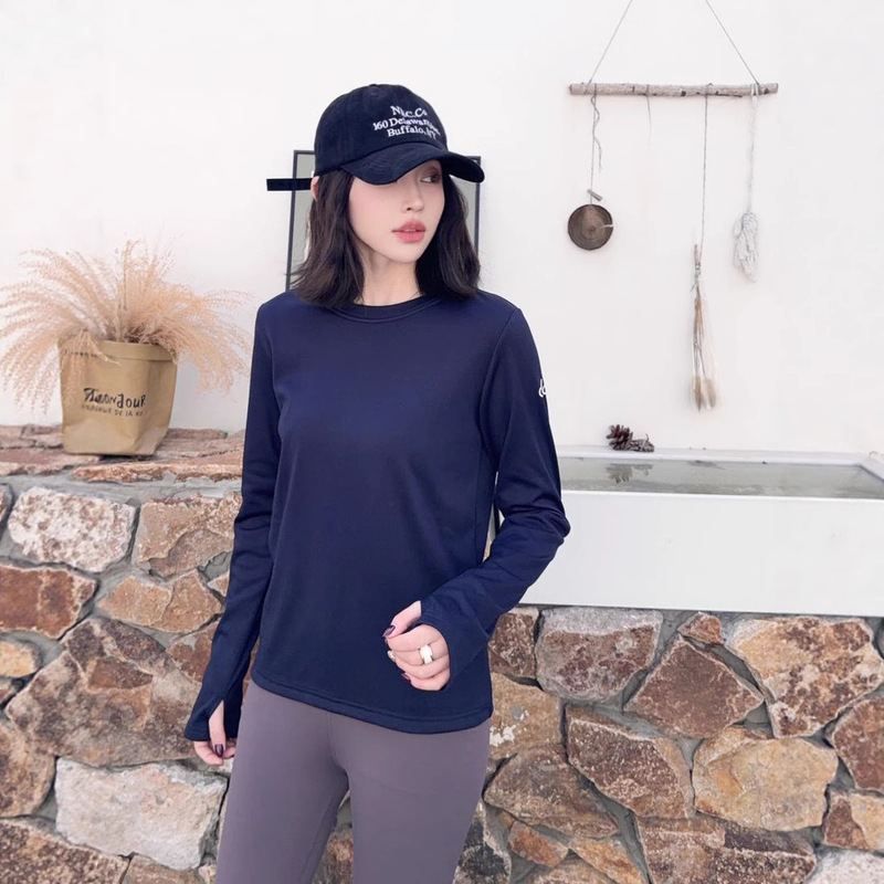 Alo Warm Thin Velvet Versatile Round Neck T-Shirt Base Layer for Women, Autumn and Winter, Slim Waist, Ruched Long-Sleeve Inner Top for Women