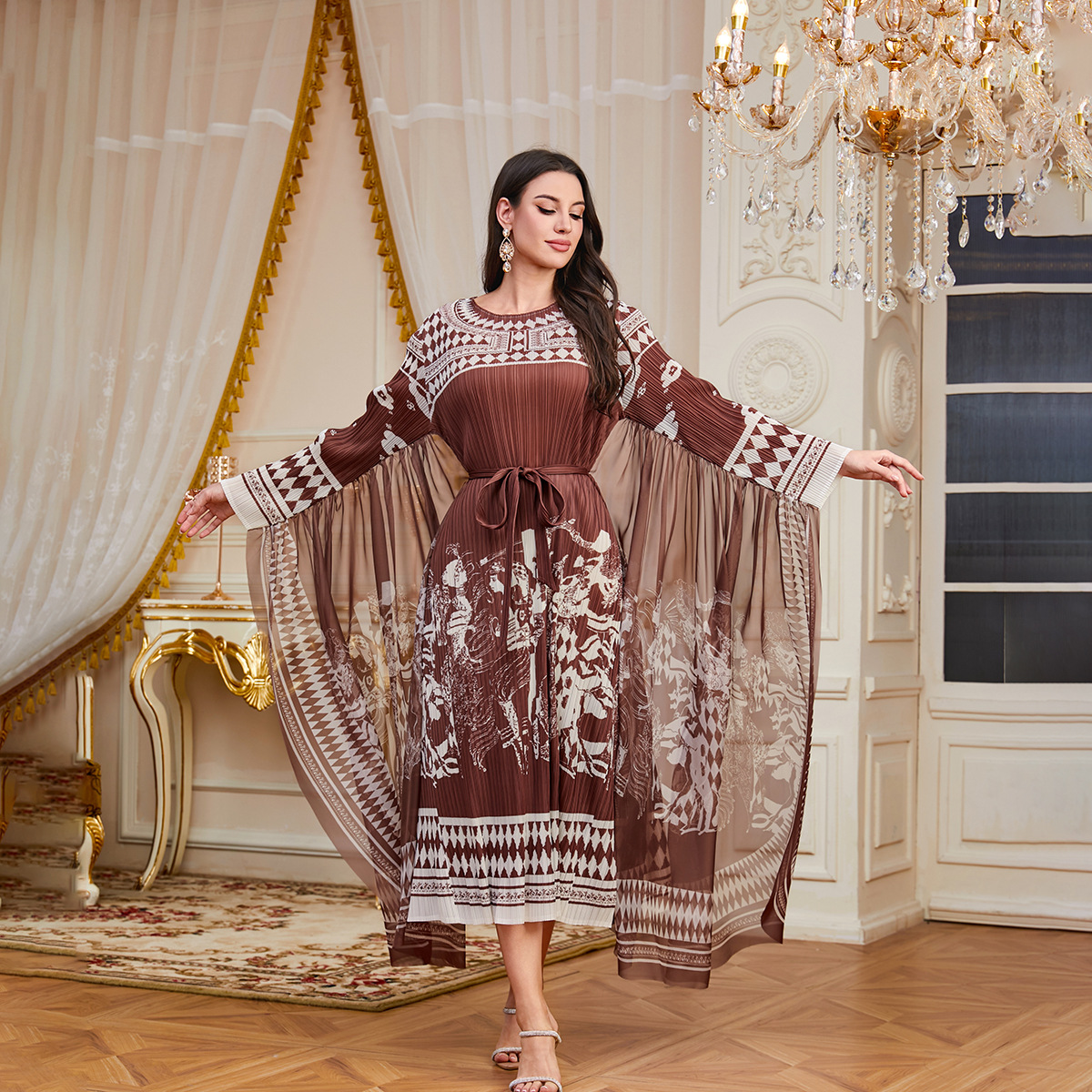 New Cross-border Pleated Printed Loose Bat-sleeve Heavy-duty Arabic Robe With Ties, Plus-size Elegant Dress For Women_ecoleips.com