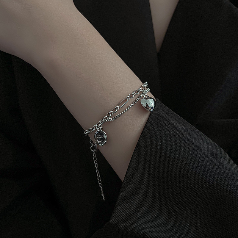 925 Silver Plated Personalized Hip-Hop Sweet Bracelet Punk Accessories Cool Heart-Shaped Double-Layered Jewelry for Women to Wear Stacked