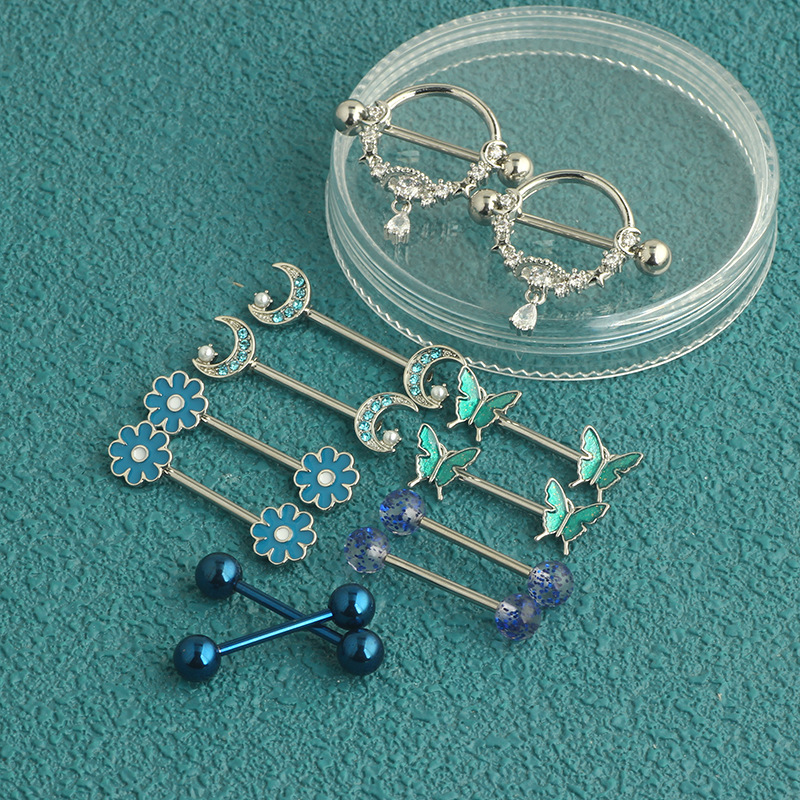 12-Piece Stainless Steel Dripping Chrysanthemum Nipple Ring Set with Zircon Nipple Nail - Body Piercing Jewelry detail image 12