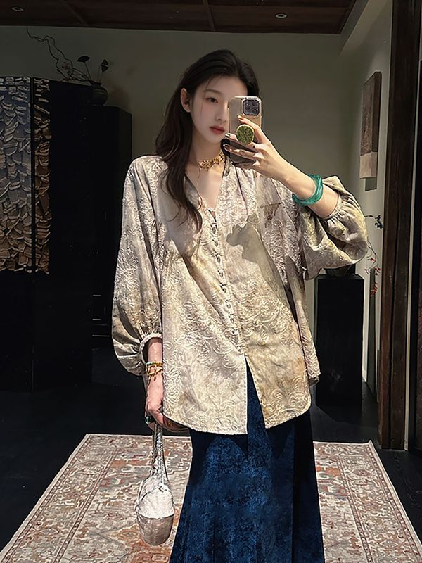 秋季新中式国风灯笼袖刺绣晕染印花衬衫女气质高定小众上衣 N9035|undefined