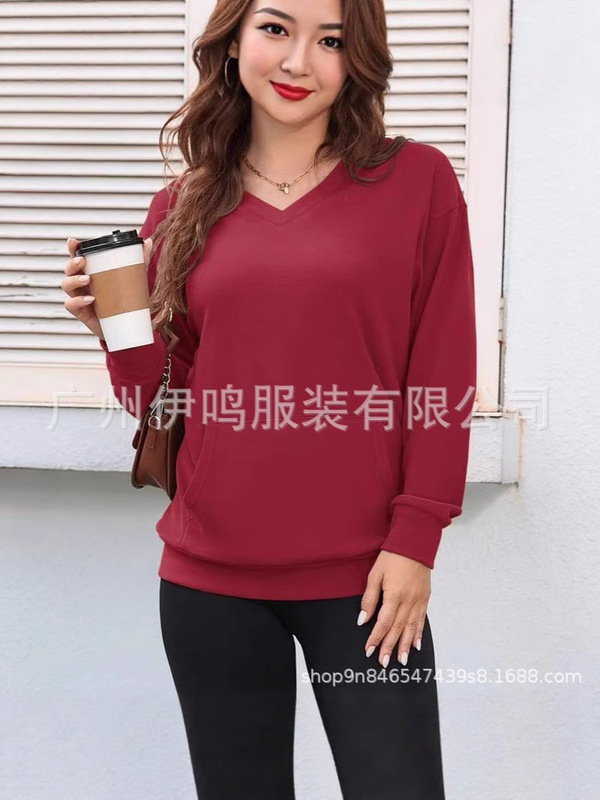 纯色V领宽松卫衣女秋冬新款长袖上衣大码休闲外套|undefined
