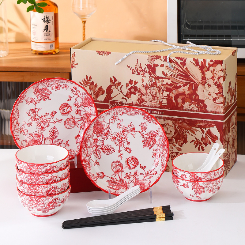 Rose Red Wedding Tableware Set Gift Box Festive Gift for Newlyweds Wedding Gift Bowls Chopsticks Dishes Household Wedding Tableware