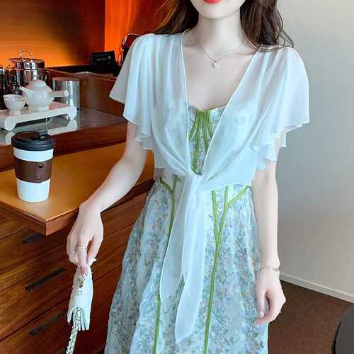 Summer Short-Sleeve Chiffon Scarf Collar Outerwear, Paired with Slip Dress, Women's Versatile Cover-up, Thin Open Cardigan
