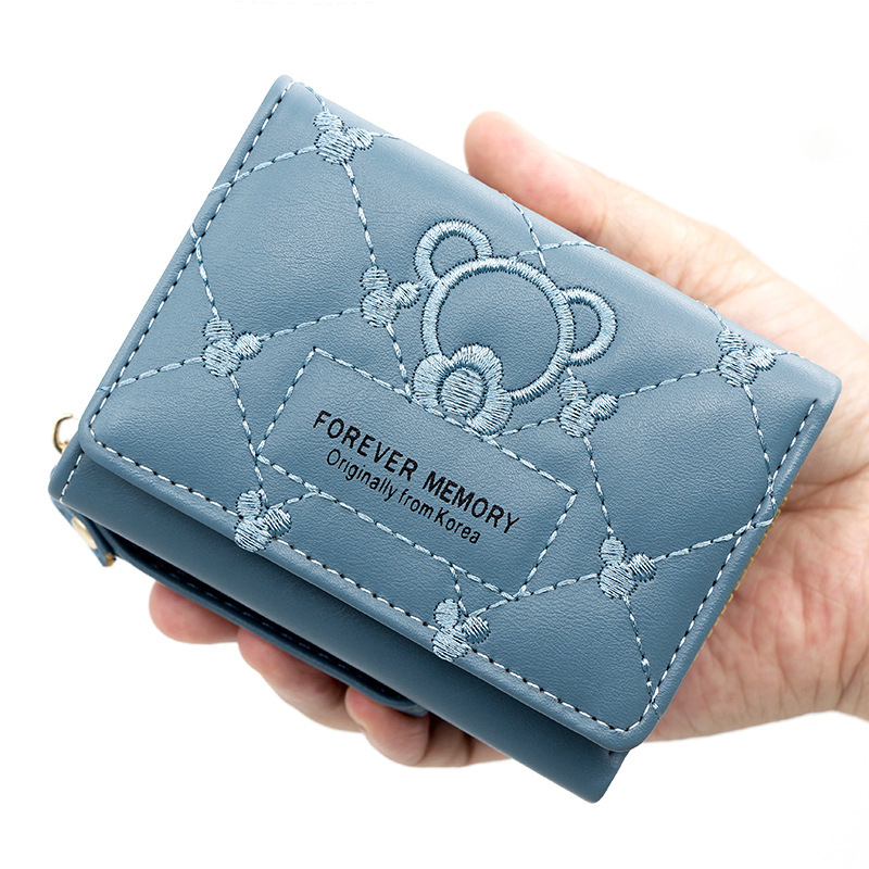 New simple cute embroidered ladies short wallet PU three fold bag card bag multi card wallet manufacturers wholesale