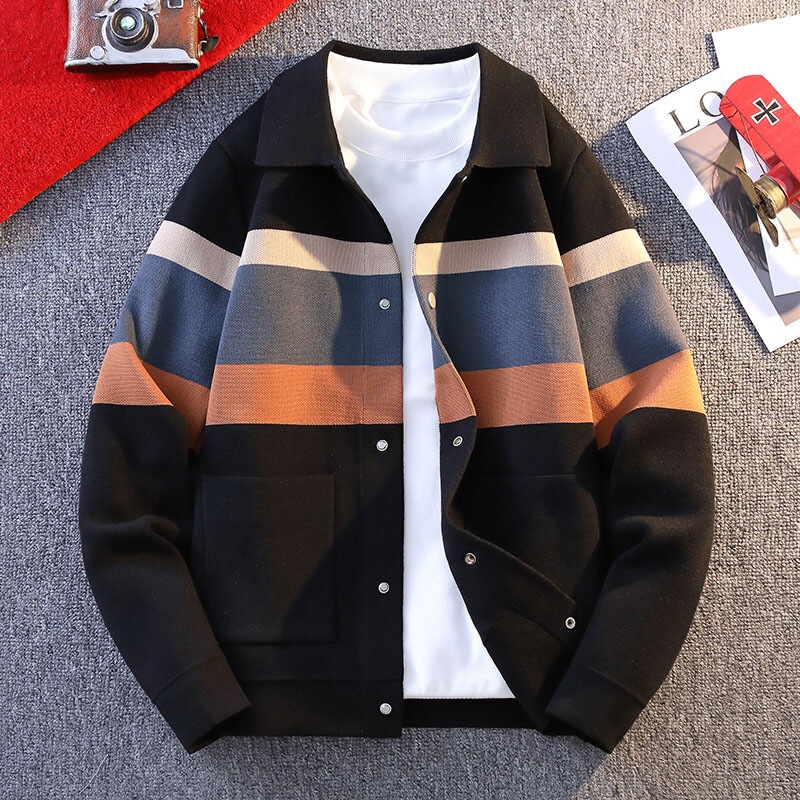 2024 New Lapel Sweater Jacket Men's Autumn and Winter Trendy Cardigan Spliced Contrast Color Casual Sweater 2024 New Lapel Sweater Jacket Men's Autumn and Winter Trendy Cardigan Spliced Contrast Color Casual Sweater