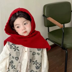 秋冬复古儿童帽子纯色宝宝披肩围巾针织百搭简约一体毛线帽套头帽