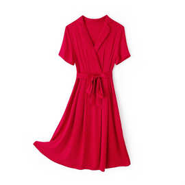 平铺图 重磅气质收腰显瘦桑蚕丝长裙法式真丝大摆大红色连衣裙