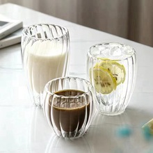 批發新款耐熱條紋雙層杯一體成型錘紋杯透明玻璃咖啡杯果汁杯牛奶