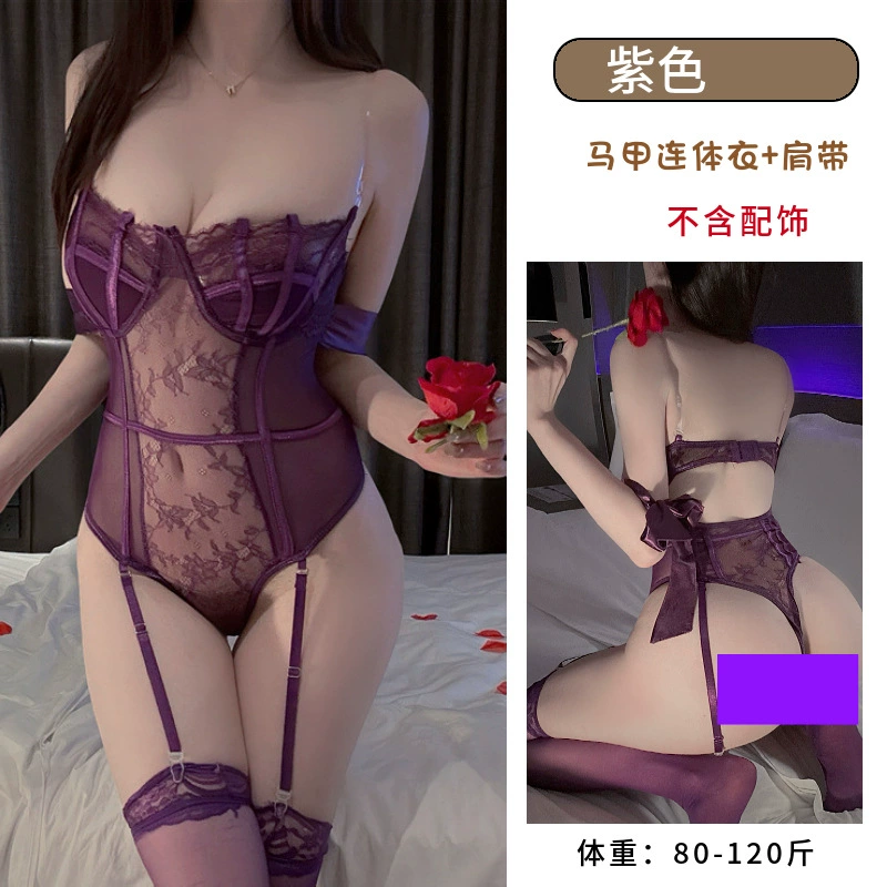 Комплект бюстье с кружевной поддержкой, бюстгальтер-лиф Purple Lace с подвязками и чулками, one size