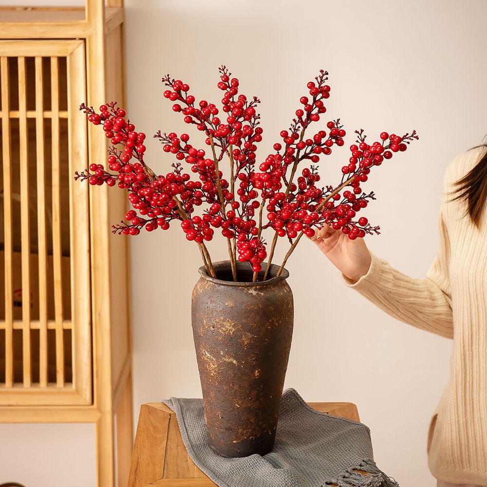 假花5叉發財紅果冬青果仿真花廠家家居裝飾跨境婚慶批發MW61211