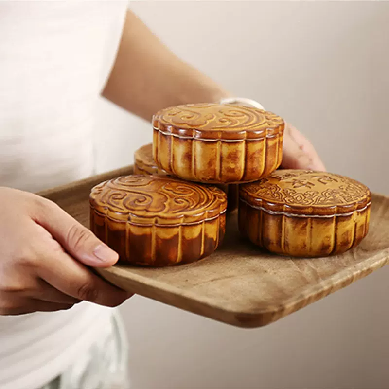 国潮风月饼茶叶罐仿真陶瓷创意密封罐中秋礼品伴手礼迷你小号茶罐