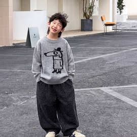棉小铺男童毛衣秋季儿童裤子2026新款韩版简潮豹纹弯刀裤童装套装