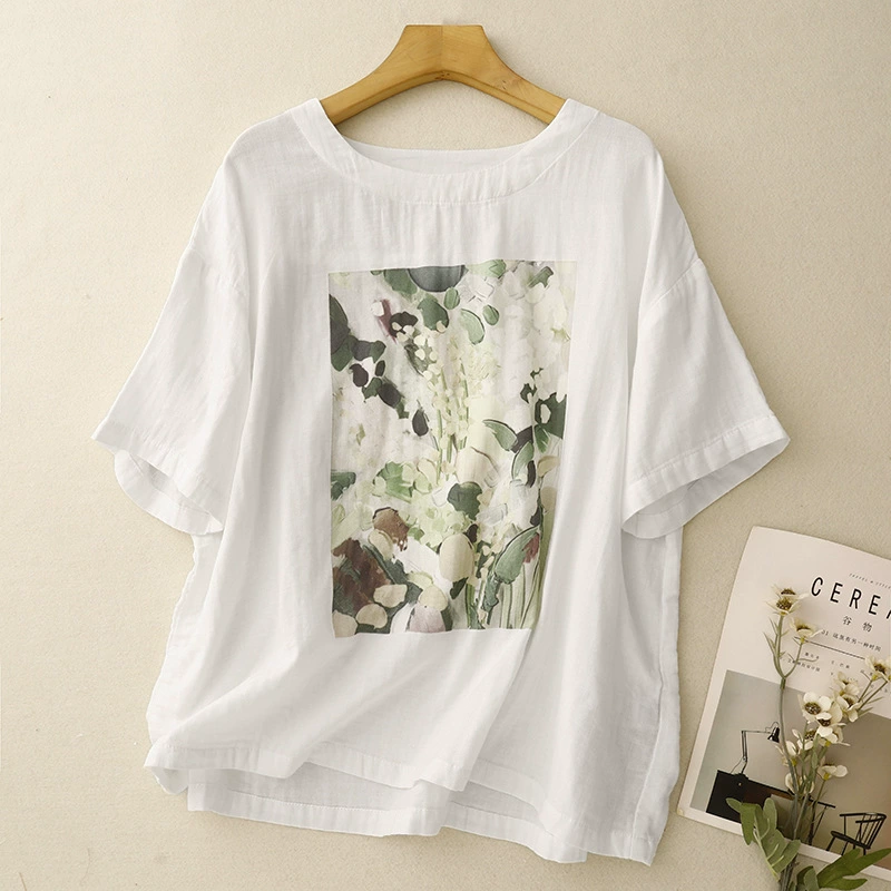 Фактический снимок новой летней футболки с принтом 2025 года, свободный и тонкий хлопковый и льняной пуловер с круглым вырезом, повседневная универсальная футболка с короткими рукавами