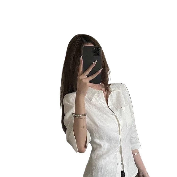 包好看的棉麻中袖衬衫女夏季新款天然褶皱衬衣收腰上衣象牙白|undefined