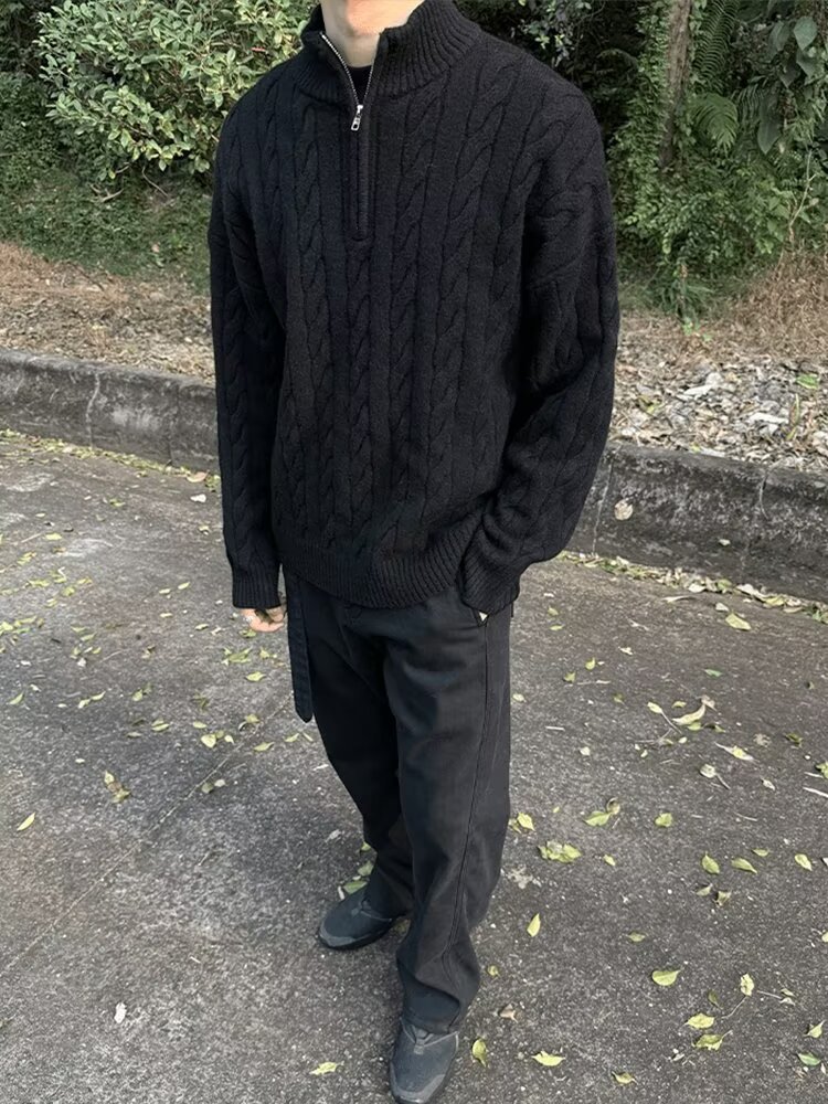 メンズフォレストハーフジッパー太い麻花スタンドカラーセーター男性冬レトロ古いお金風インナーニットジャケット