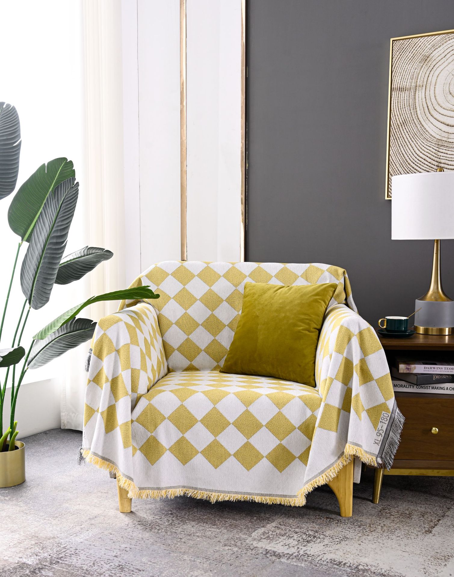 伊缦琪韵桌布多功能盖巾黄白提花棋盘格子现代简约厚实流苏