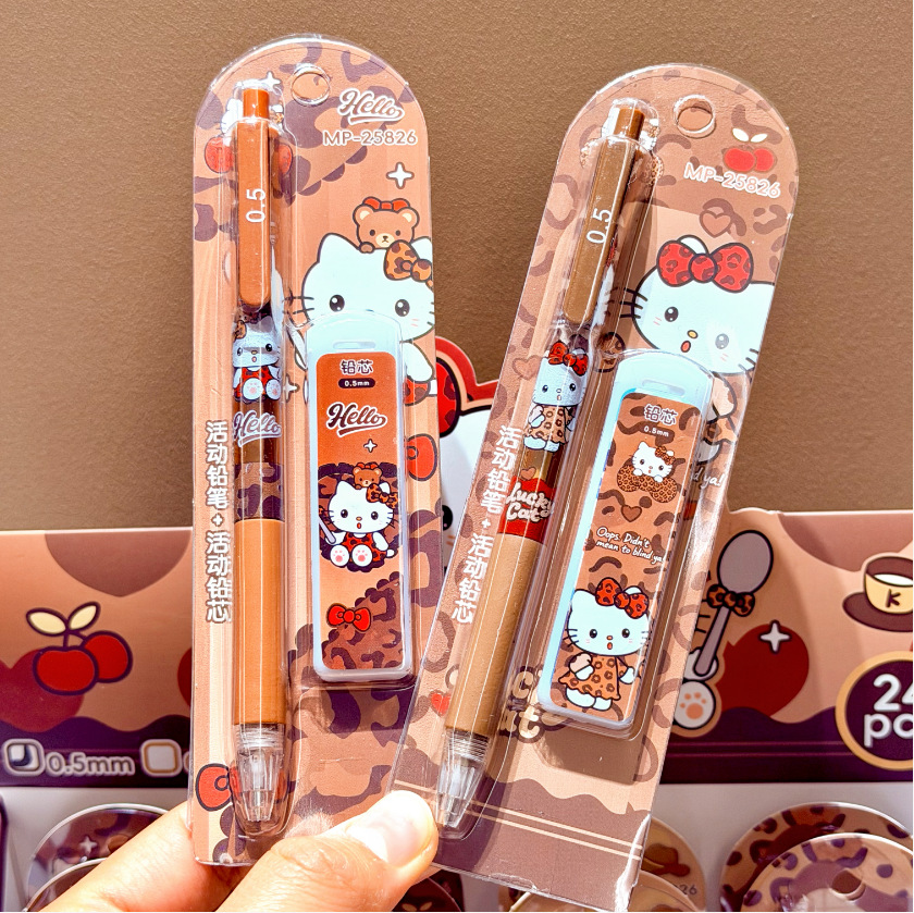 Nuevos productos de impresión de leopardo gatito juego de lápiz de dibujos animados de alto valor de cara lápiz automático de 0.5m lápiz + cartucho combinación