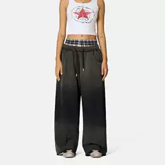 2025 Cross-border Western Style Double Waist Washed Loose Sweatpants Wide Leg Plaid Patchwork Casual Pants with Pockets