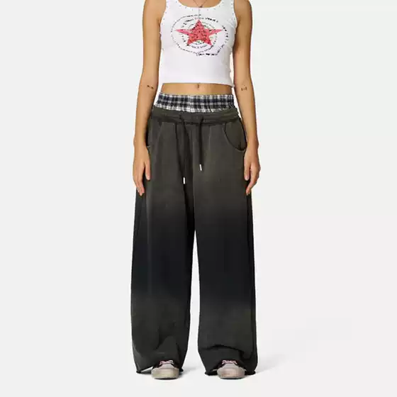 2025 Cross-border Western Style Double Waist Washed Loose Sweatpants Wide Leg Plaid Patchwork Casual Pants with Pockets