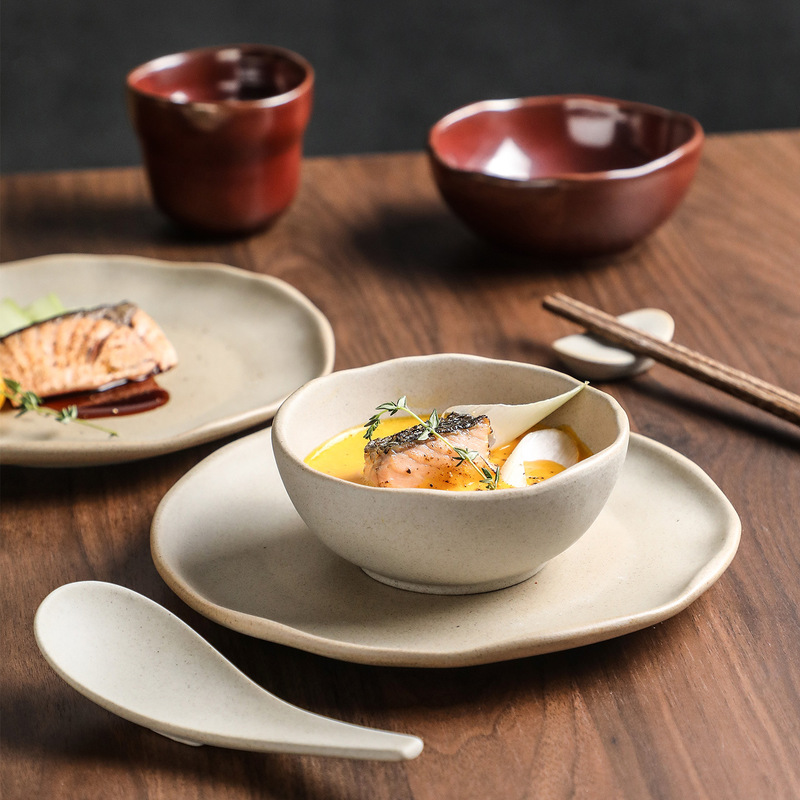 Four-Piece Stoneware Tableware Set for Hotel Restaurants and Clubs, Three-Piece Set of Bowls, Spoons, Ceramic Bowls, Plates, Cups and Spoons