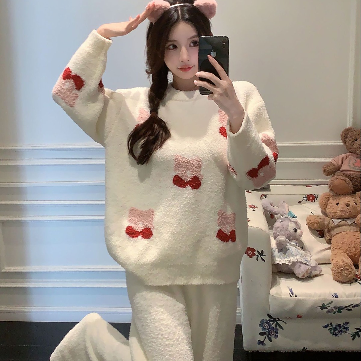 하프 벨벳 파자마 여성의 겨울 두꺼운 기모 따뜻한 연인 프리미엄 홈 옷 세트 크루 넥 가리 스타일 잠옷