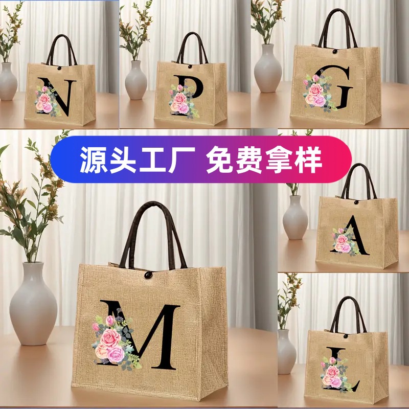 跨境2025简约大容量字母帆布挎包印花手提袋托特包女通勤字母印花