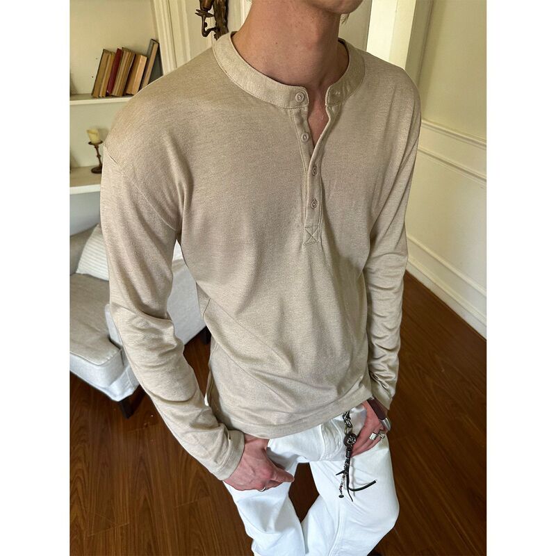 Eme Men's Australian Wool Henley Collar Solid Color Base Long Sleeve T-Shirt Close-Fitting Autumn/Winter 2025 New Knitwear