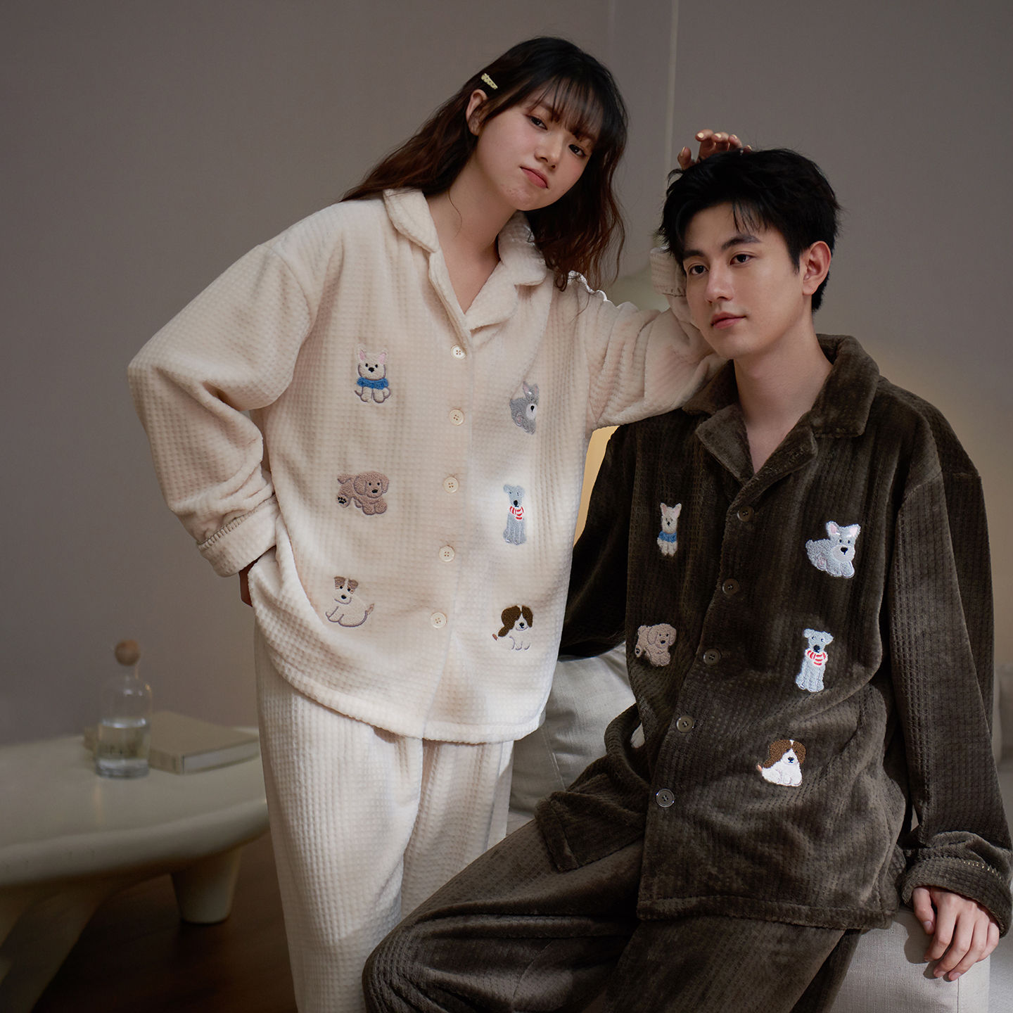 Flannel Couple Pajamas Women Winter Cute Puppy Thickened Plus Velvet Cartoon Autumn and Winter Homewear Men