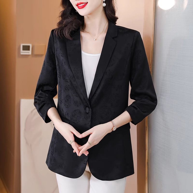 Quality Guaranteed Age-Reducing Middle-Aged Women's Large Size Triacetate Jacquard Slim Suit Pleated Commuter Style Jacket Shirt