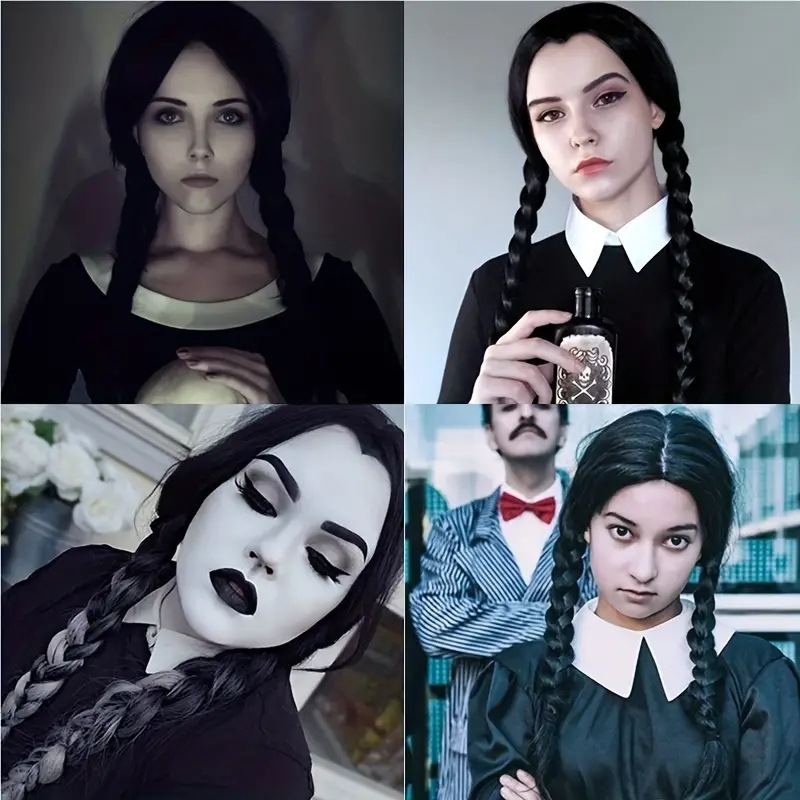 Black Wednesday Cosplay Wig Double Braids Ponytail Full Head Synthetic Hair Extension_voghion.com