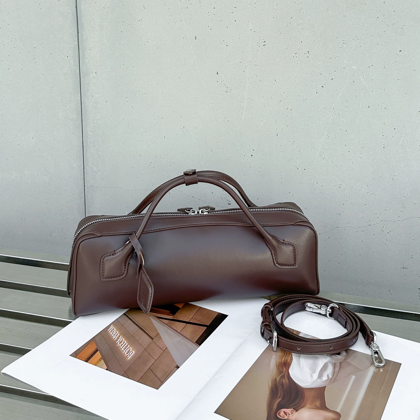 Retro fashionable leather bag, french style, internet celebrity, city style
