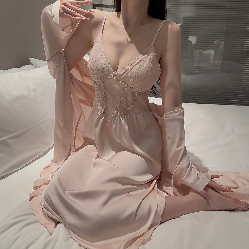 With Chest Pad Sexy Ice Silk Two-Piece Set Mid-Sleeve Nightgown Pure Desire Lace Strap Temptation Pajamas Women's New