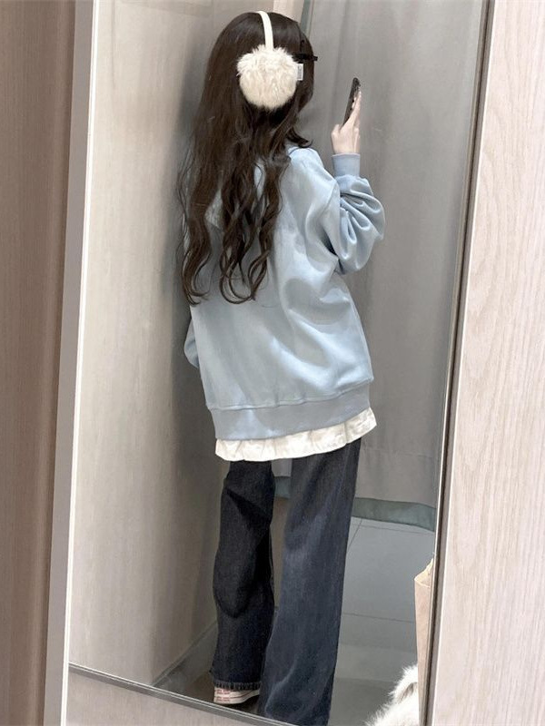 假两件连帽卫衣女 浅蓝色小狗刺绣秋季宽松慵懒风设计小众薄上衣|undefined