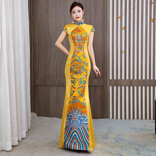 Long Chinese dresses dragon pattern evening dress annual meeting host model catwalk Chinese style cheongsam stage costume