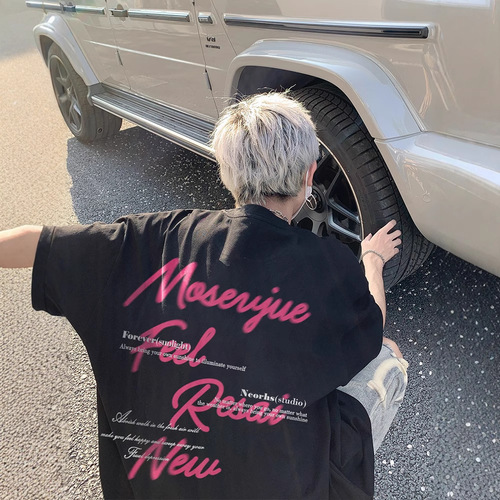 Men's Summer American Streetwear Short Sleeve T-Shirt Loose Casual Couple Matchable Printed High Street Crew Neck Top